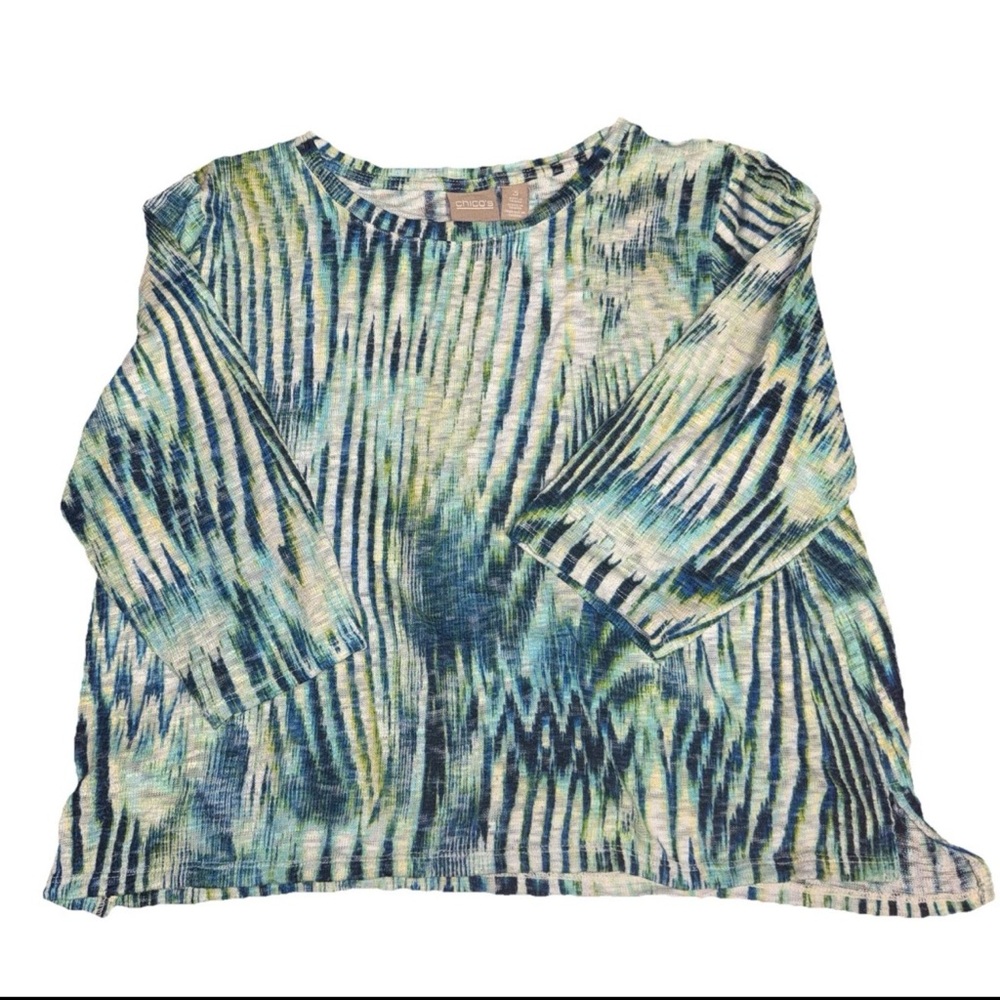 Chico's Tie Dye Blue Green Blouse 3/4 Sleeve Lightweight Preppy Bohemian Hippie